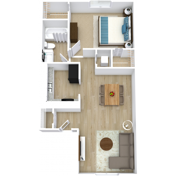 Floor plan for 1 bed, 1 bath, 651 sqft